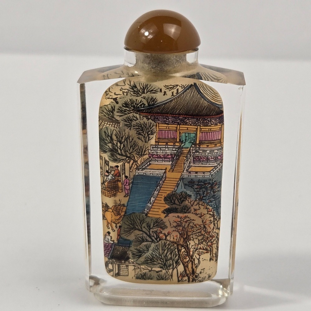 Vintage Chinese Snuff Bottle Hand Painted Interior Glass Landscape with Box